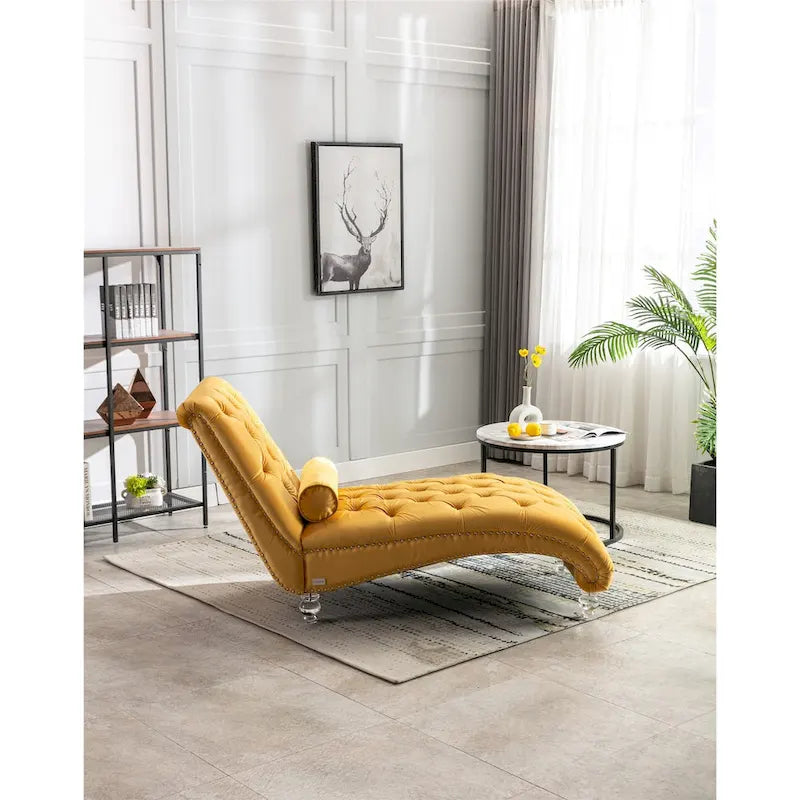 Leisure Concubine Sofa with Acrylic Feet, Traditional Chaise Velvet Barrel Sofa with Lumbar Support Pillow for Living Room