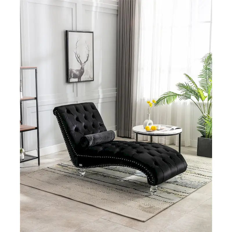 Leisure Concubine Sofa with Acrylic Feet, Traditional Chaise Velvet Barrel Sofa with Lumbar Support Pillow for Living Room