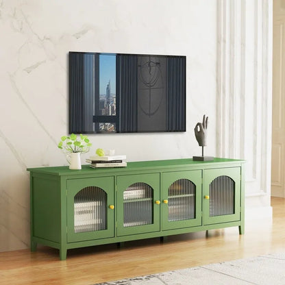 Vintage French Green TV Cabinet, Artist Home Sideboard Buffet with Glass Doors and Shelves, Accent Coffee Bar Storage Cabinet