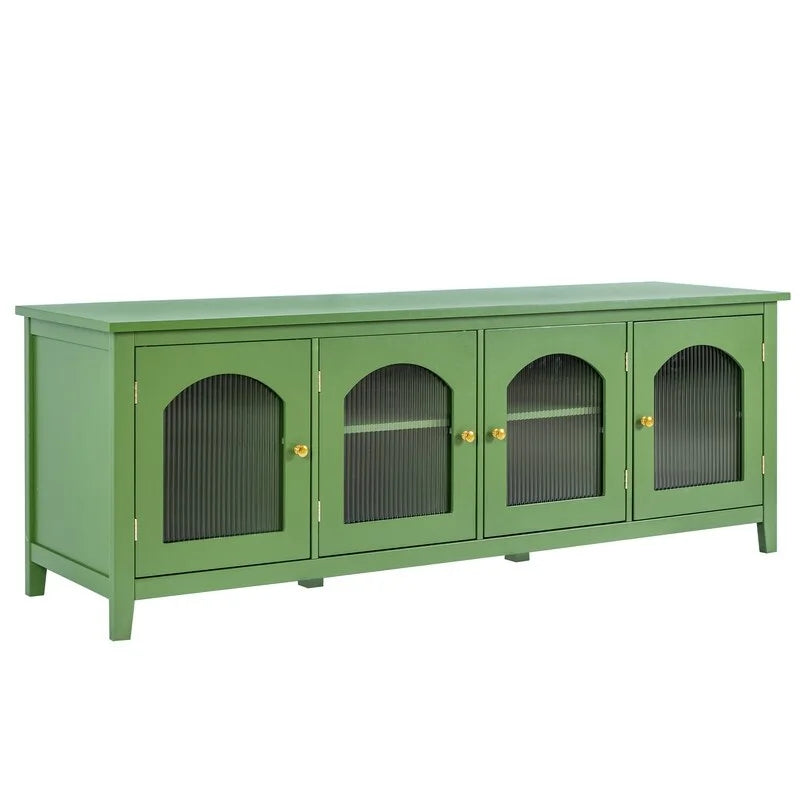 Vintage French Green TV Cabinet, Artist Home Sideboard Buffet with Glass Doors and Shelves, Accent Coffee Bar Storage Cabinet