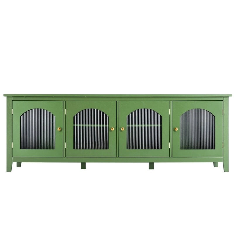 Vintage French Green TV Cabinet, Artist Home Sideboard Buffet with Glass Doors and Shelves, Accent Coffee Bar Storage Cabinet
