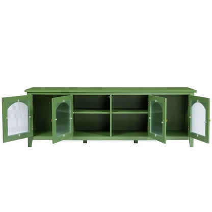 Vintage French Green TV Cabinet, Artist Home Sideboard Buffet with Glass Doors and Shelves, Accent Coffee Bar Storage Cabinet