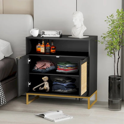 Anmytek Modern 2-Door Black Buffet Sideboard Table Rattan Kitchen Storage Cabinet with Open Shelf - 31.5 W x 15.7 D x 31.9 H