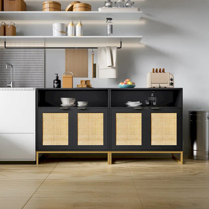 Anmytek Modern 2-Door Black Buffet Sideboard Table Rattan Kitchen Storage Cabinet with Open Shelf - 31.5 W x 15.7 D x 31.9 H