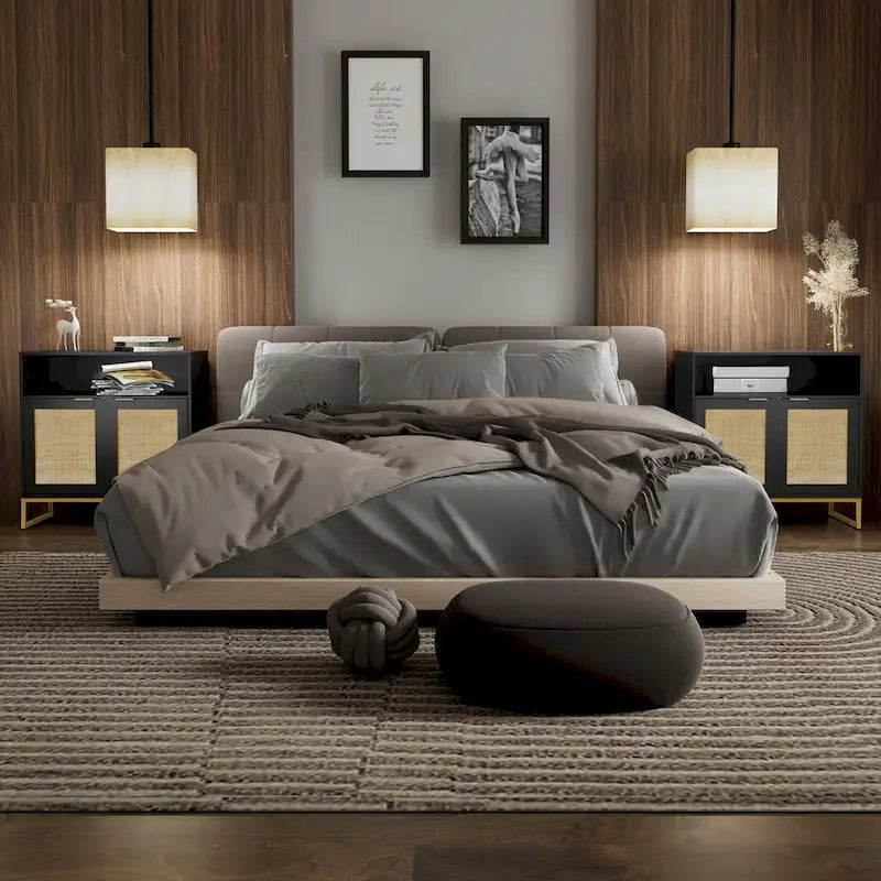 Anmytek Modern 2-Door Black Buffet Sideboard Table Rattan Kitchen Storage Cabinet with Open Shelf - 31.5 W x 15.7 D x 31.9 H