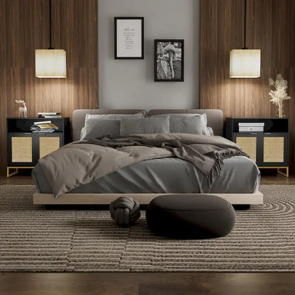 Anmytek Modern 2-Door Black Buffet Sideboard Table Rattan Kitchen Storage Cabinet with Open Shelf - 31.5 W x 15.7 D x 31.9 H