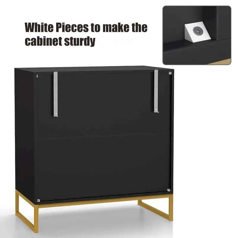 Anmytek Modern 2-Door Black Buffet Sideboard Table Rattan Kitchen Storage Cabinet with Open Shelf - 31.5 W x 15.7 D x 31.9 H