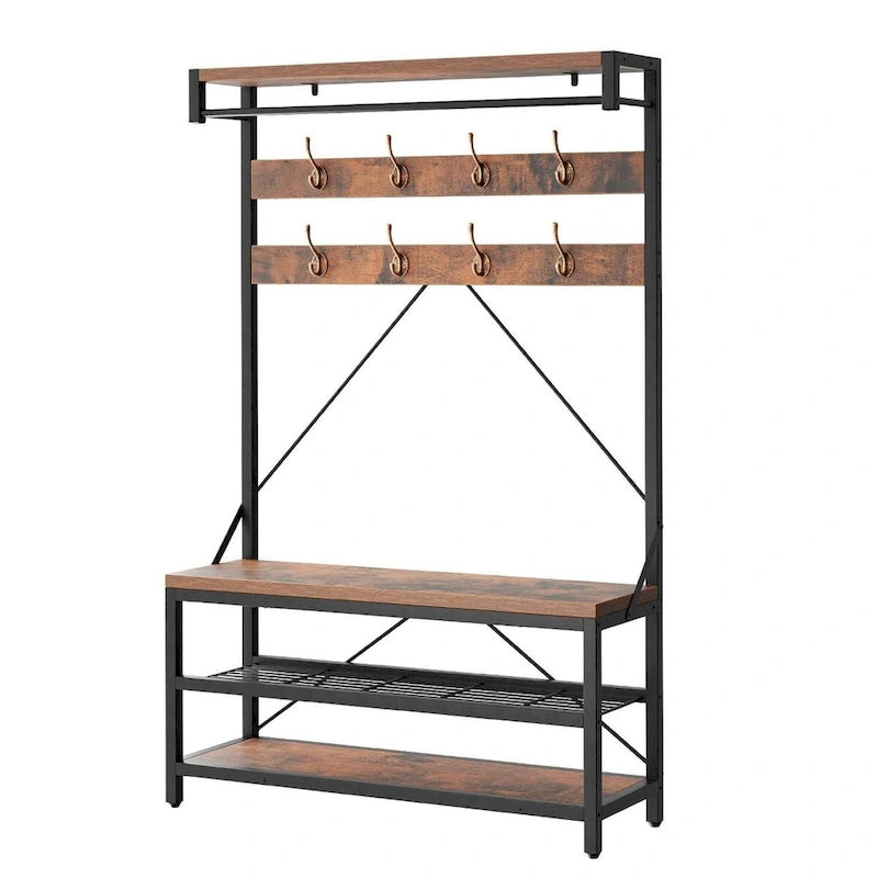 Modern Shoe Bench with Hall tree, storage shelves