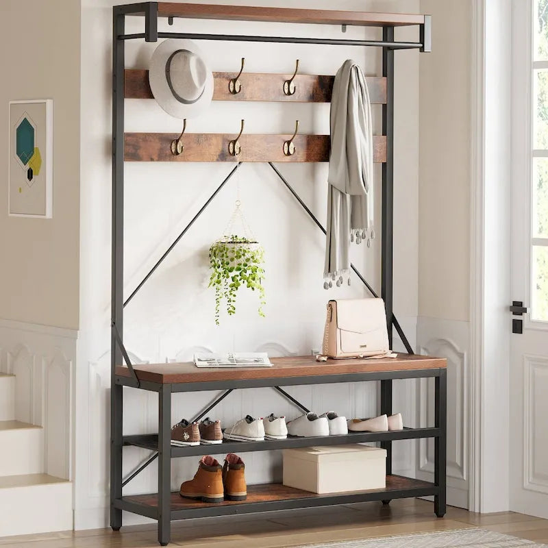 Modern Shoe Bench with Hall tree, storage shelves