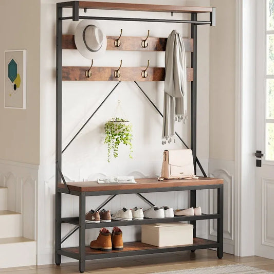 Modern Shoe Bench with Hall tree, storage shelves