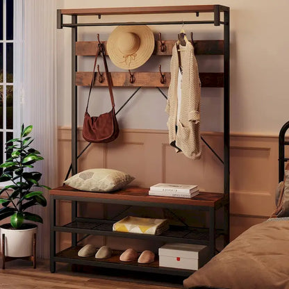 Modern Shoe Bench with Hall tree, storage shelves
