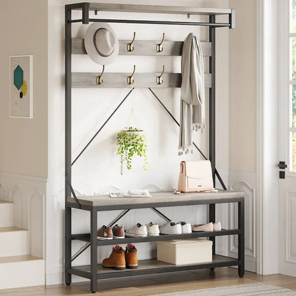 Modern Shoe Bench with Hall tree, storage shelves
