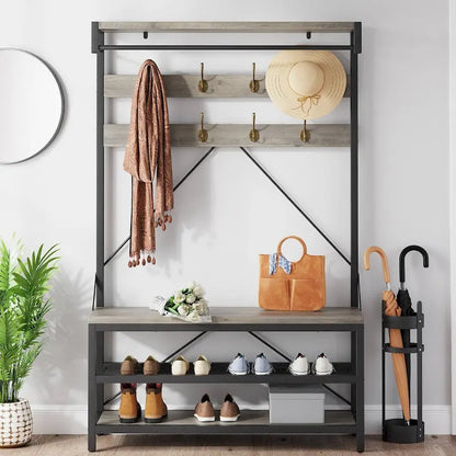 Modern Shoe Bench with Hall tree, storage shelves
