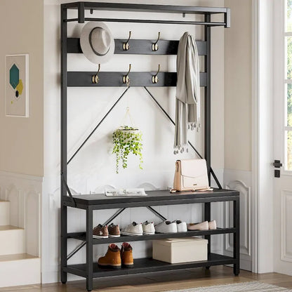 Modern Shoe Bench with Hall tree, storage shelves