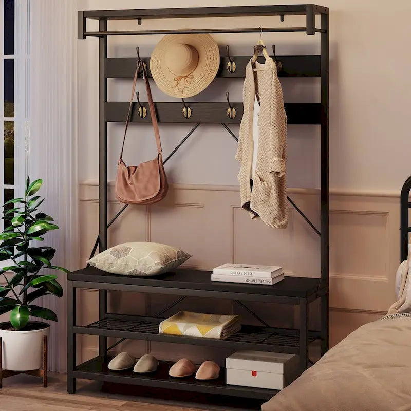 Modern Shoe Bench with Hall tree, storage shelves