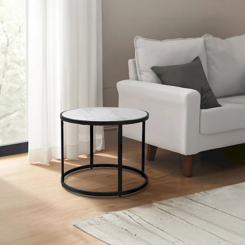 23 Inch Side End Table, Modern Round White Natural Marble Top, Classic Black Iron Frame
