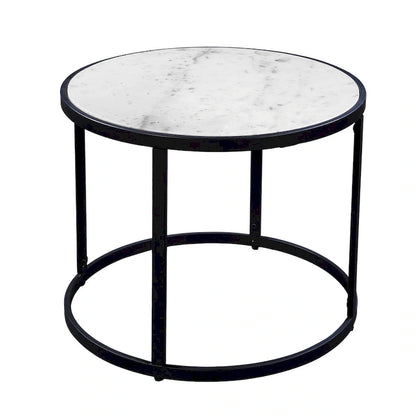 23 Inch Side End Table, Modern Round White Natural Marble Top, Classic Black Iron Frame