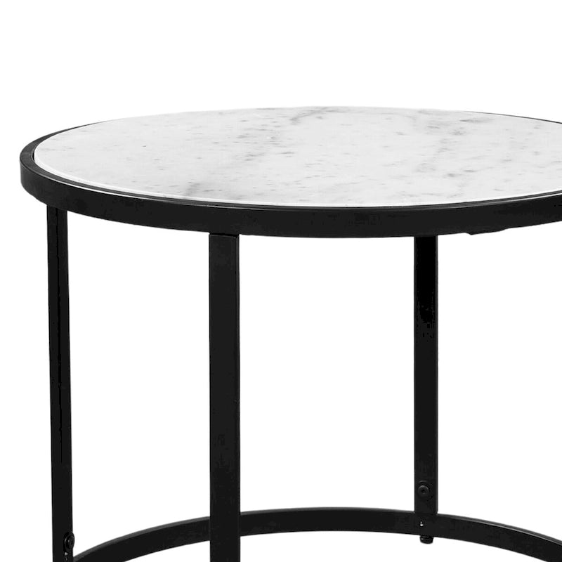 23 Inch Side End Table, Modern Round White Natural Marble Top, Classic Black Iron Frame