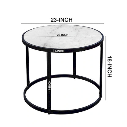 23 Inch Side End Table, Modern Round White Natural Marble Top, Classic Black Iron Frame