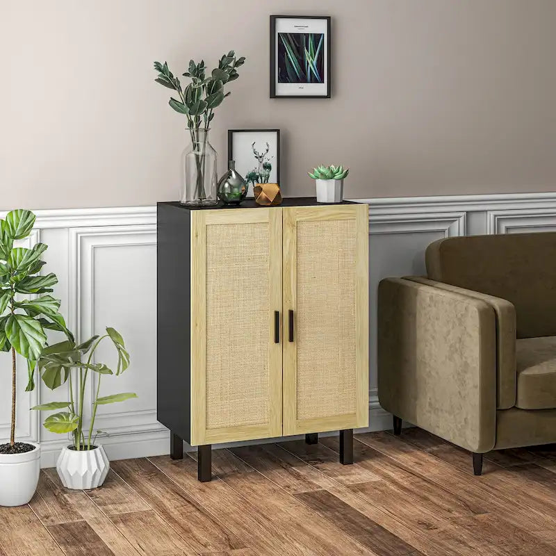 HOMCOM Sideboard Buffet Cabinet, Kitchen Cabinet, Coffee Bar Cabinet with 2 Rattan Doors and Adjustable Shelves