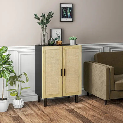 HOMCOM Sideboard Buffet Cabinet, Kitchen Cabinet, Coffee Bar Cabinet with 2 Rattan Doors and Adjustable Shelves