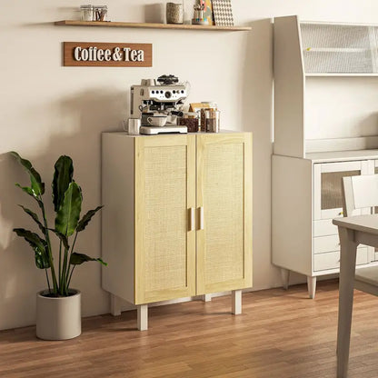 HOMCOM Sideboard Buffet Cabinet, Kitchen Cabinet, Coffee Bar Cabinet with 2 Rattan Doors and Adjustable Shelves