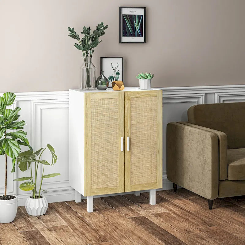HOMCOM Sideboard Buffet Cabinet, Kitchen Cabinet, Coffee Bar Cabinet with 2 Rattan Doors and Adjustable Shelves