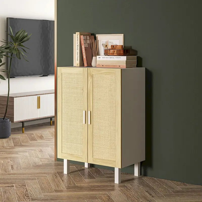 HOMCOM Sideboard Buffet Cabinet, Kitchen Cabinet, Coffee Bar Cabinet with 2 Rattan Doors and Adjustable Shelves