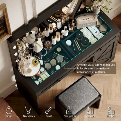 Farmhouse Makeup Vanity with Lights, Vanity Desk with Barn Door, 2 Drawers Makeup Table with Lighted Mirror