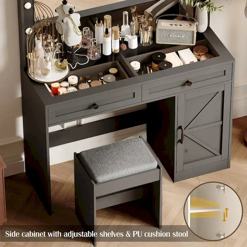 Farmhouse Makeup Vanity with Lights, Vanity Desk with Barn Door, 2 Drawers Makeup Table with Lighted Mirror
