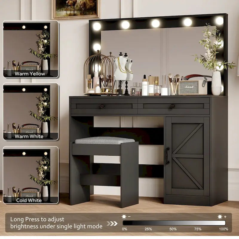 Farmhouse Makeup Vanity with Lights, Vanity Desk with Barn Door, 2 Drawers Makeup Table with Lighted Mirror