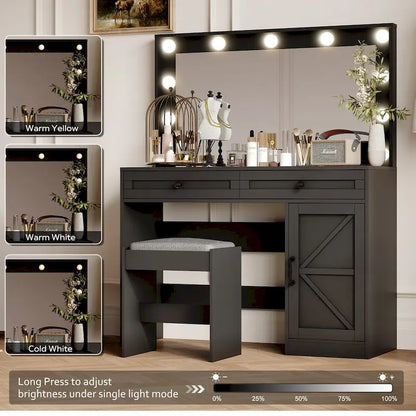 Farmhouse Makeup Vanity with Lights, Vanity Desk with Barn Door, 2 Drawers Makeup Table with Lighted Mirror