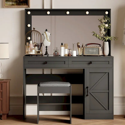 Farmhouse Makeup Vanity with Lights, Vanity Desk with Barn Door, 2 Drawers Makeup Table with Lighted Mirror