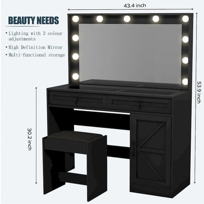 Farmhouse Makeup Vanity with Lights, Vanity Desk with Barn Door, 2 Drawers Makeup Table with Lighted Mirror