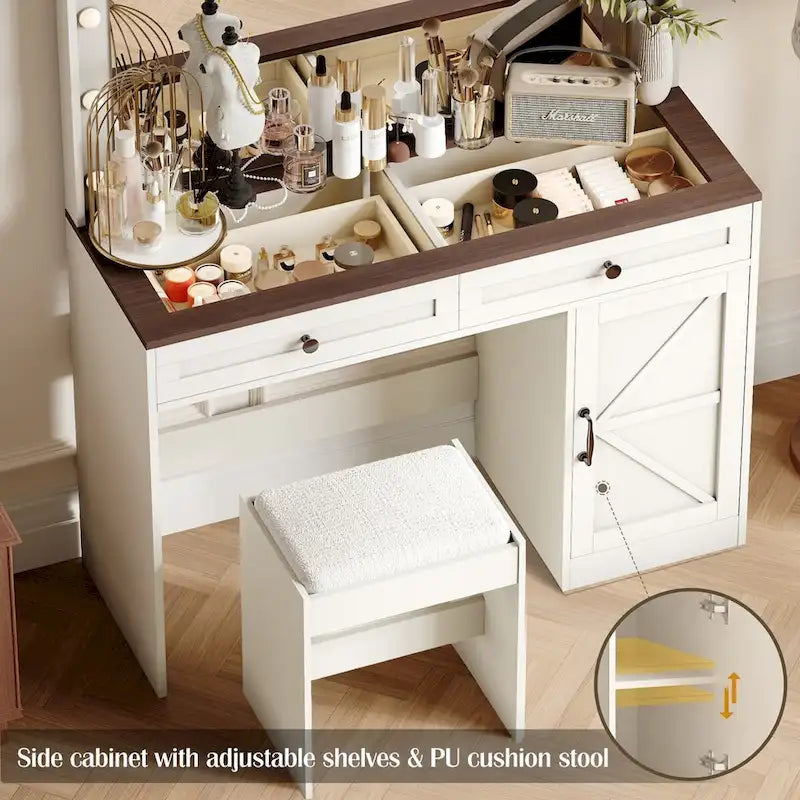 Farmhouse Makeup Vanity with Lights, Vanity Desk with Barn Door, 2 Drawers Makeup Table with Lighted Mirror