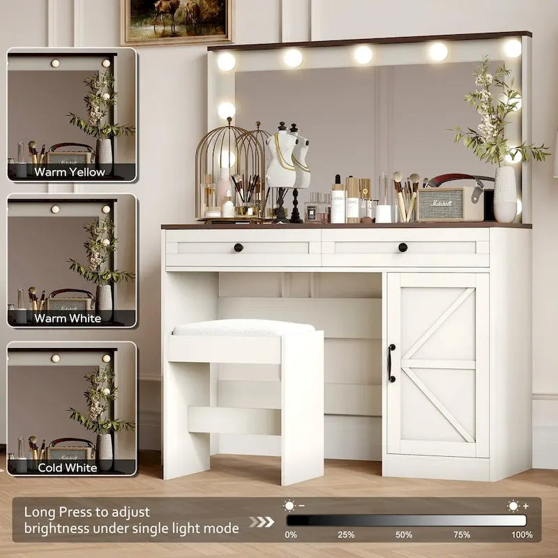Farmhouse Makeup Vanity with Lights, Vanity Desk with Barn Door, 2 Drawers Makeup Table with Lighted Mirror