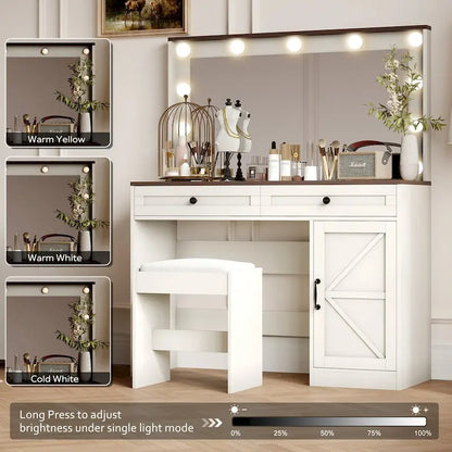Farmhouse Makeup Vanity with Lights, Vanity Desk with Barn Door, 2 Drawers Makeup Table with Lighted Mirror