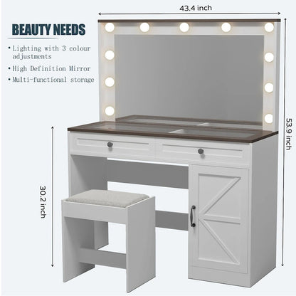Farmhouse Makeup Vanity with Lights, Vanity Desk with Barn Door, 2 Drawers Makeup Table with Lighted Mirror