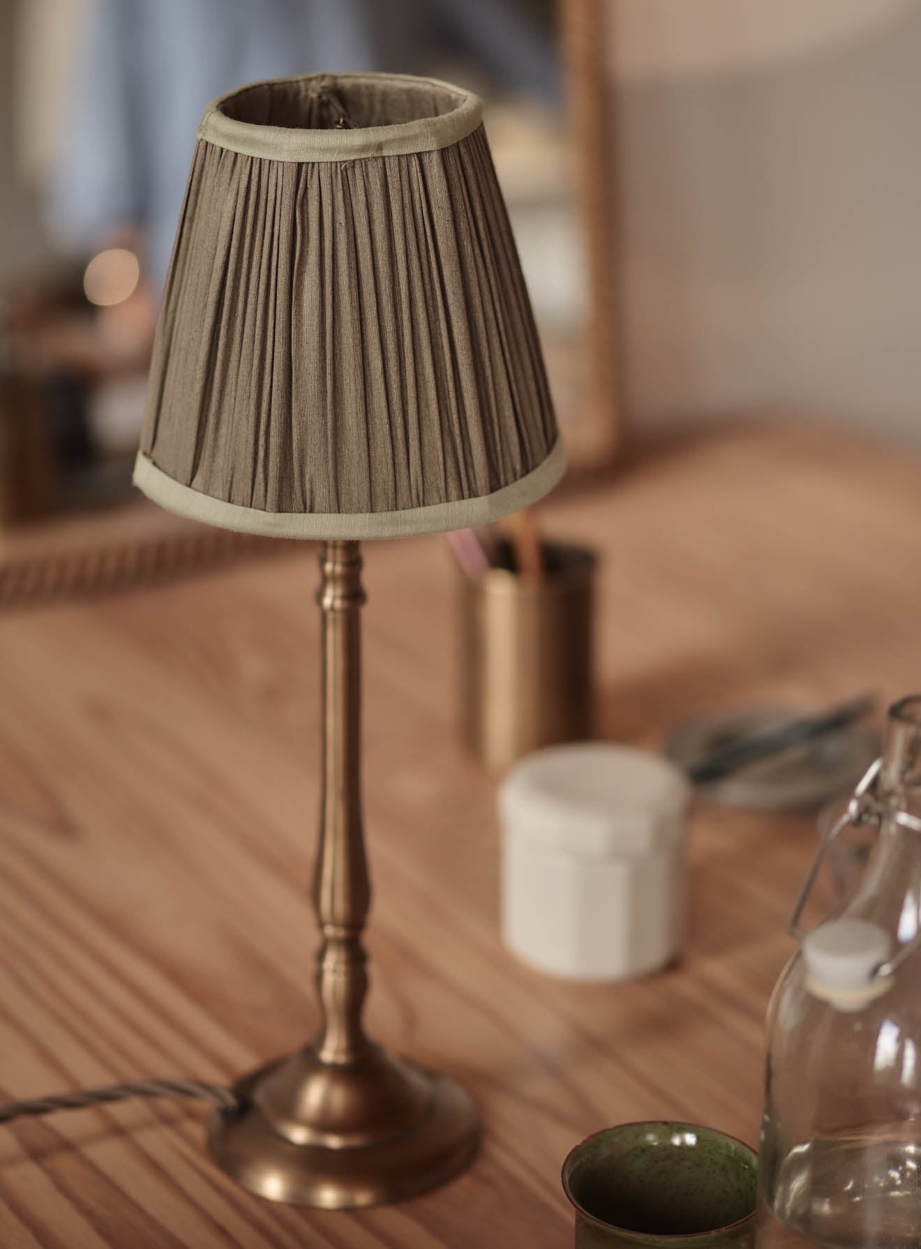 Gathered Silk Lampshade, Small, Olive