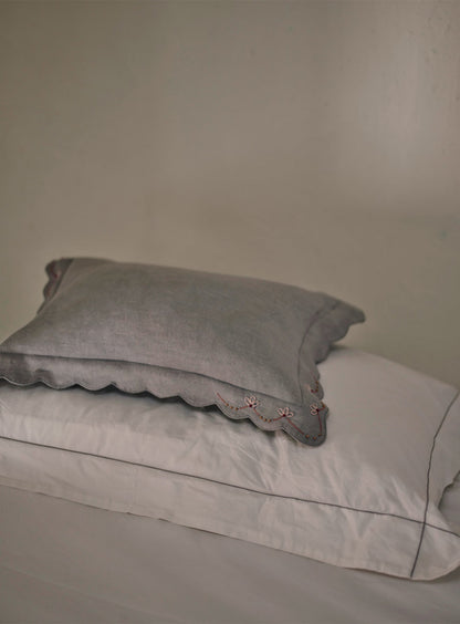 Grace Hand Embroidered Scalloped Cushion, Powder Blue