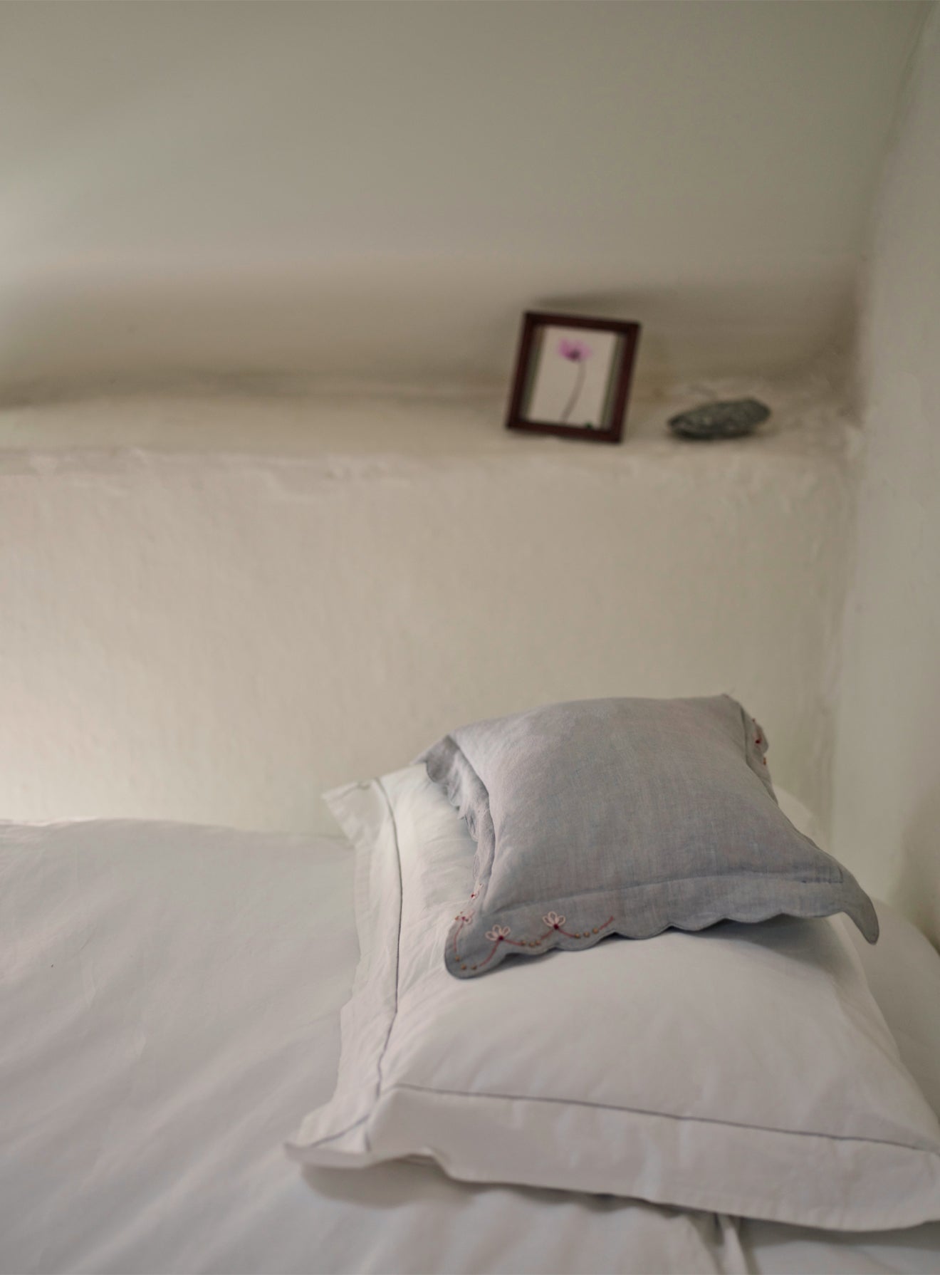 Grace Hand Embroidered Scalloped Cushion, Powder Blue